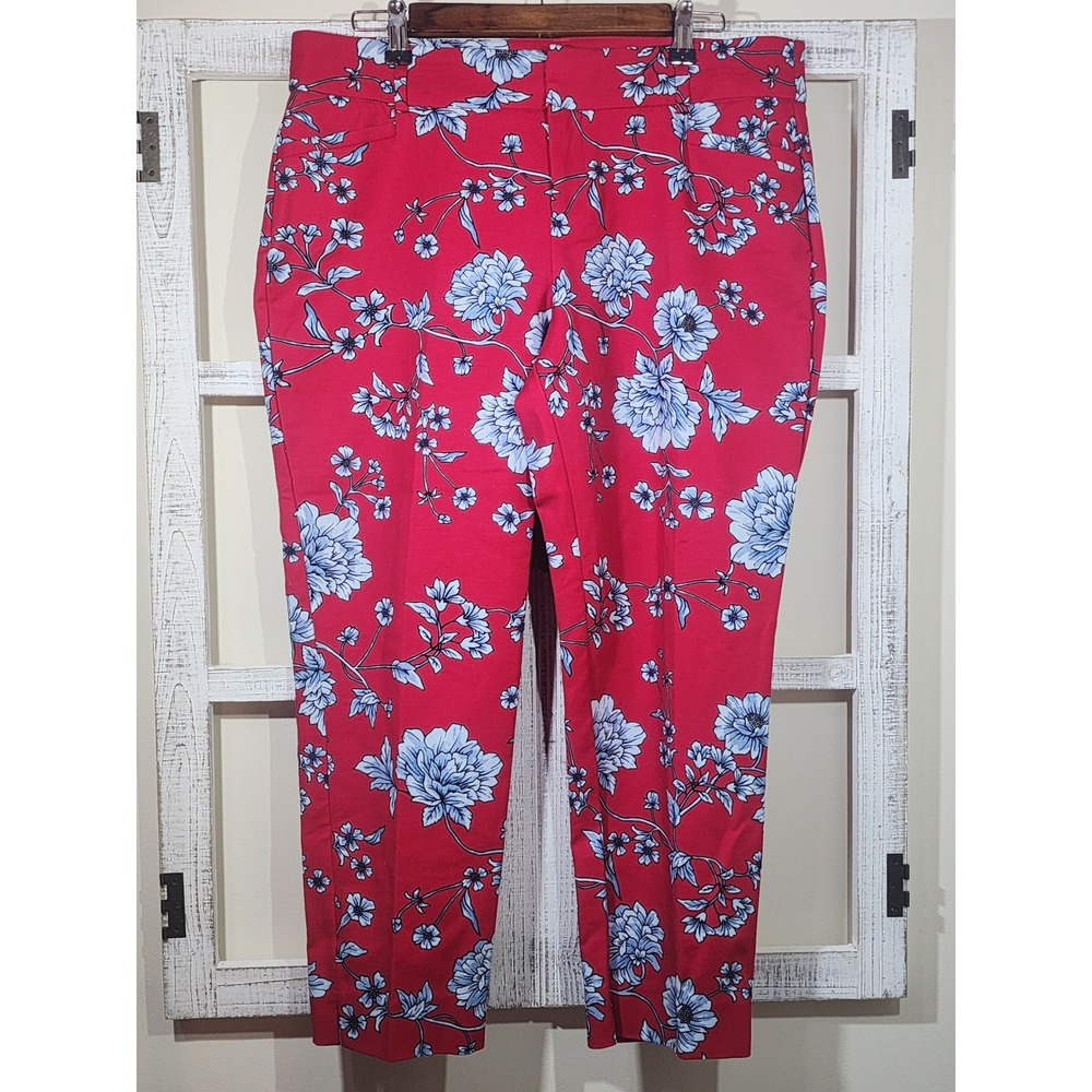 Roz & Ali Red Floral Ankle Pants Women Petite 12P Cotton Stretch Slacks - Picture 2 of 7